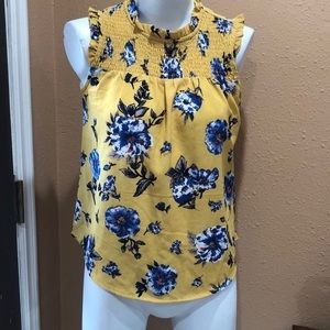 E M yellow and blue floral top